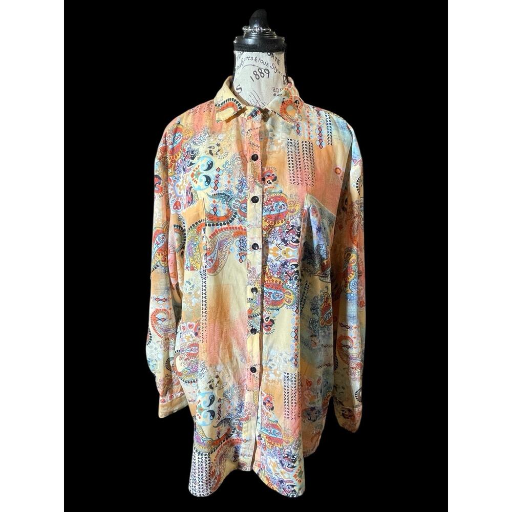 Klaveli Multicolor Paisley Button-Up Top, Size Extra Large